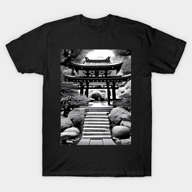 Japanese garden with shrine, black and white T-Shirt by Ravenglow